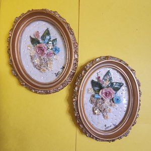 Set of 2 Italian oval artwork pieces, 4x5 floral, amazing frames, blue velvet